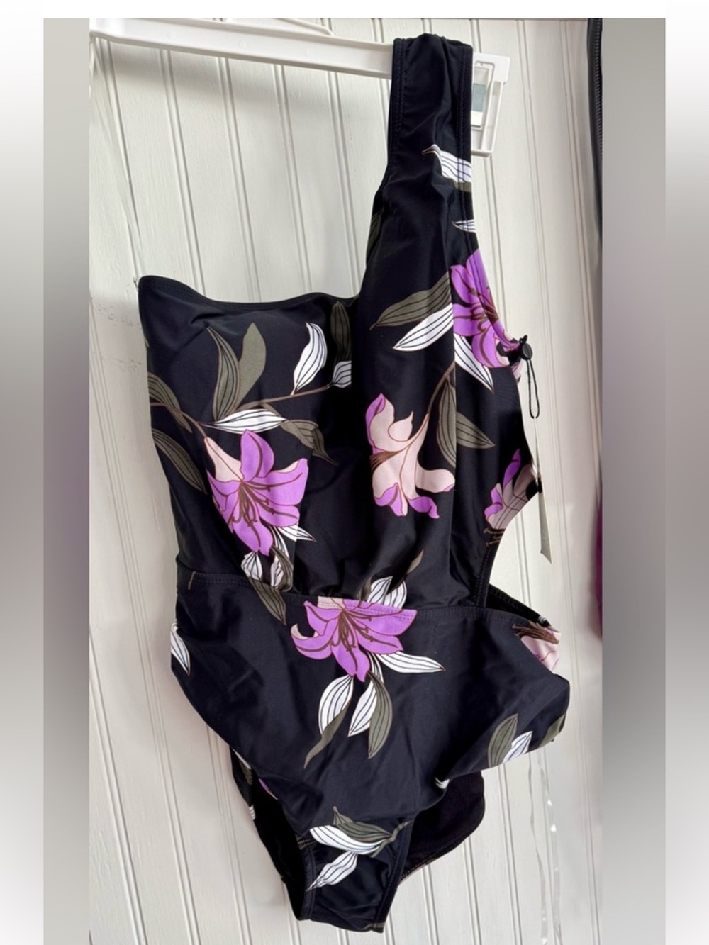 Jones New York Black One Shoulder Swimsuit with Purple Floral Print Size S